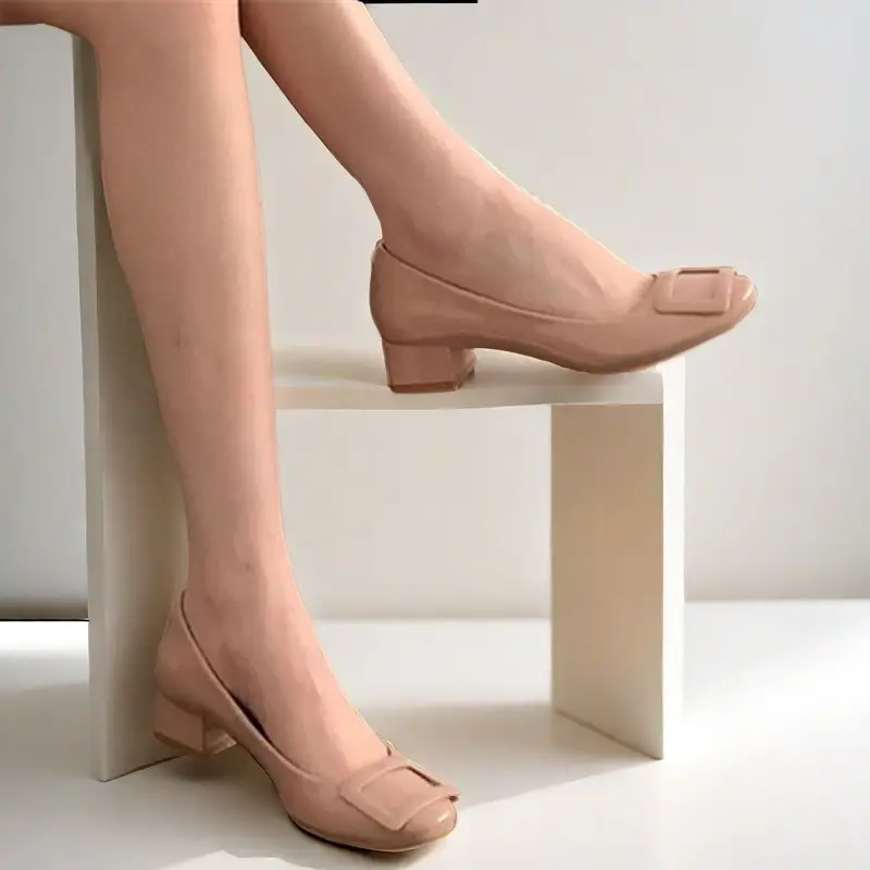2026 New Style French High Heels, Comfortable Professional Shoes, Stylish Square Buckle Mid-Heel Nude Round-Toe Single Shoes for Women — feature 1