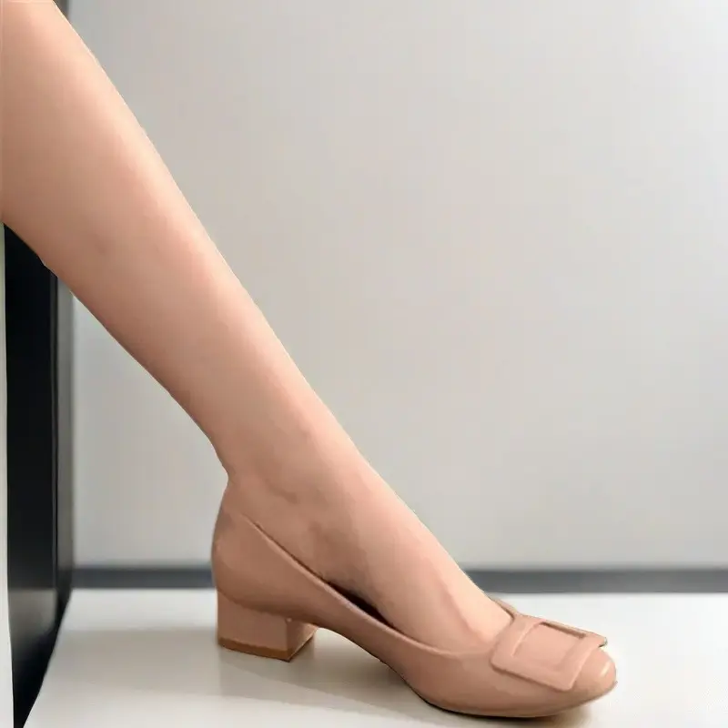 2026 New Style French High Heels, Comfortable Professional Shoes, Stylish Square Buckle Mid-Heel Nude Round-Toe Single Shoes for Women — feature 3