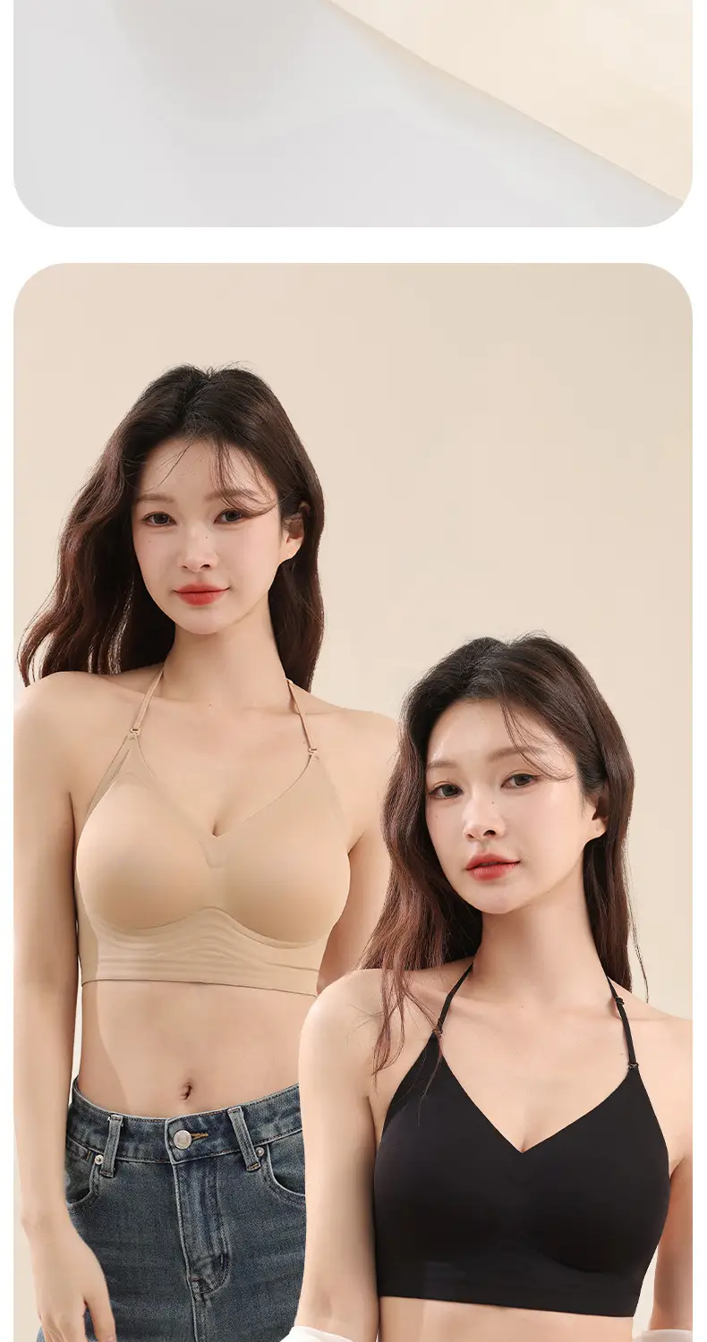 Hanging neck back underwear women's seamless small chest gathered to show large soft no steel ring soft support three kinds of wear French bra — feature 11