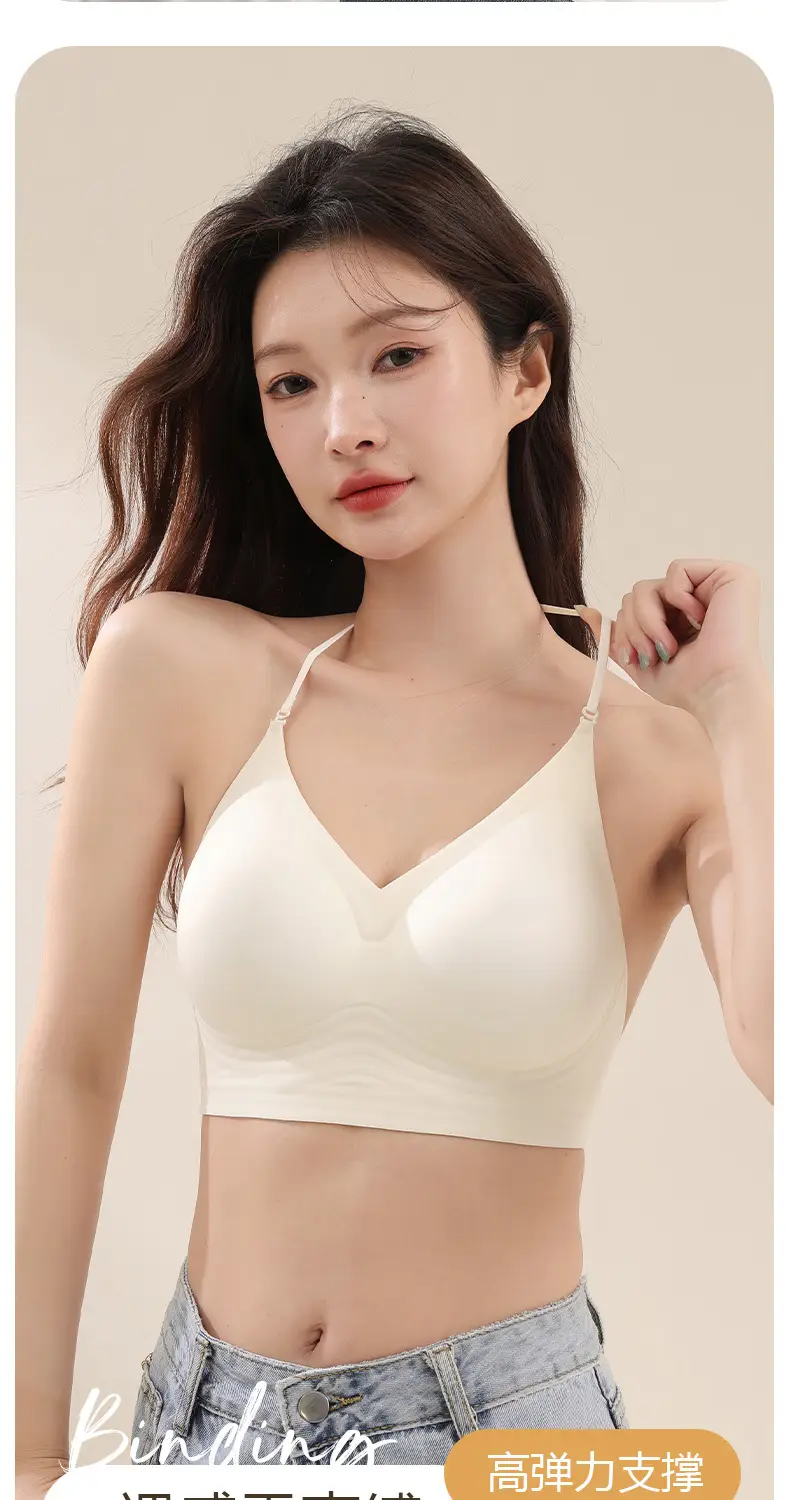 Hanging neck back underwear women's seamless small chest gathered to show large soft no steel ring soft support three kinds of wear French bra — feature 8