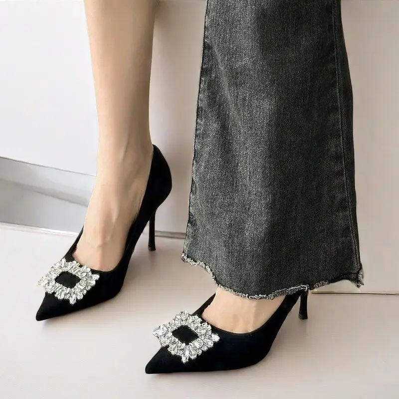 Black Pure Elegance Stiletto High Heels 2026 New Trendy Commuter Women's Shoes with Rhinestones, Pointed Toe, French Style, Elegant Single Shoes for Women - Image 2