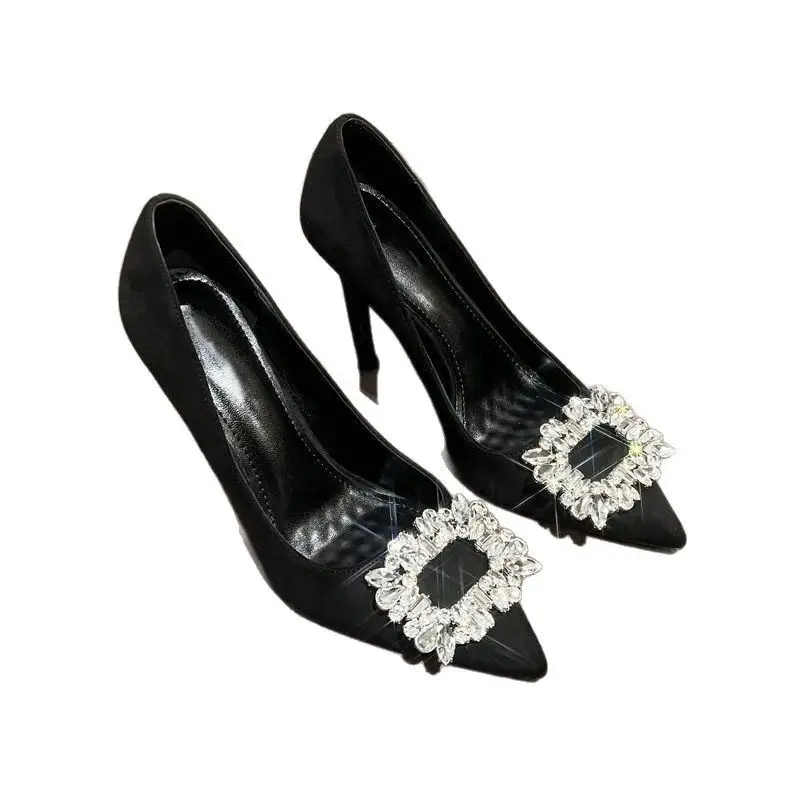Black Pure Elegance Stiletto High Heels 2026 New Trendy Commuter Women's Shoes with Rhinestones, Pointed Toe, French Style, Elegant Single Shoes for Women - Image 5