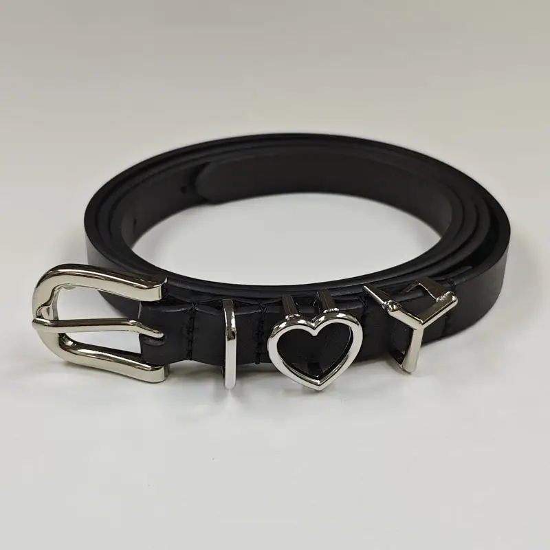 Black Leather Belt with Letter Buckle for Women