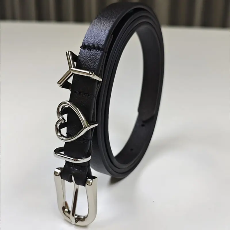 Black Leather Belt with Letter Buckle for Women