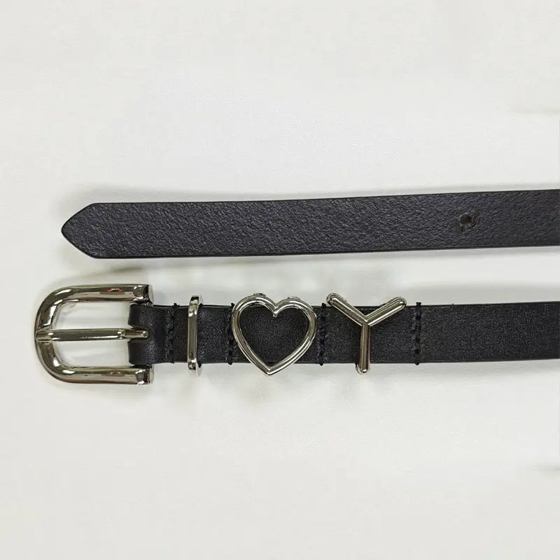 Black Leather Belt with Letter Buckle for Women