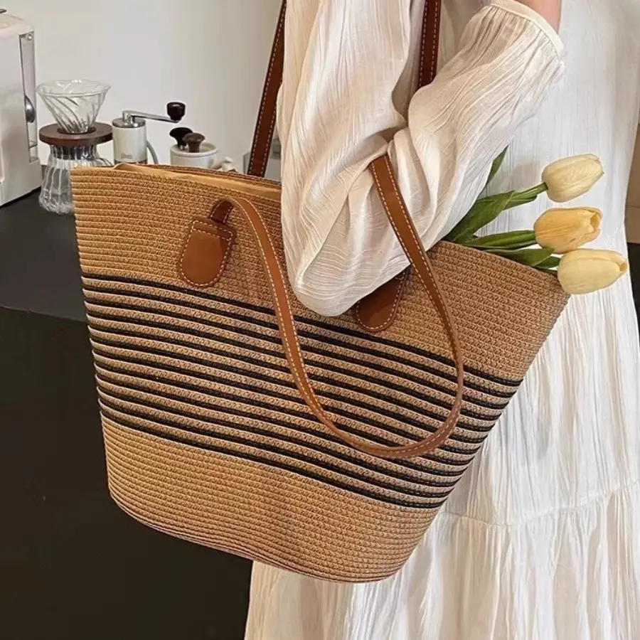 Women Straw Tote Bag & Hat Set Summer Travel
