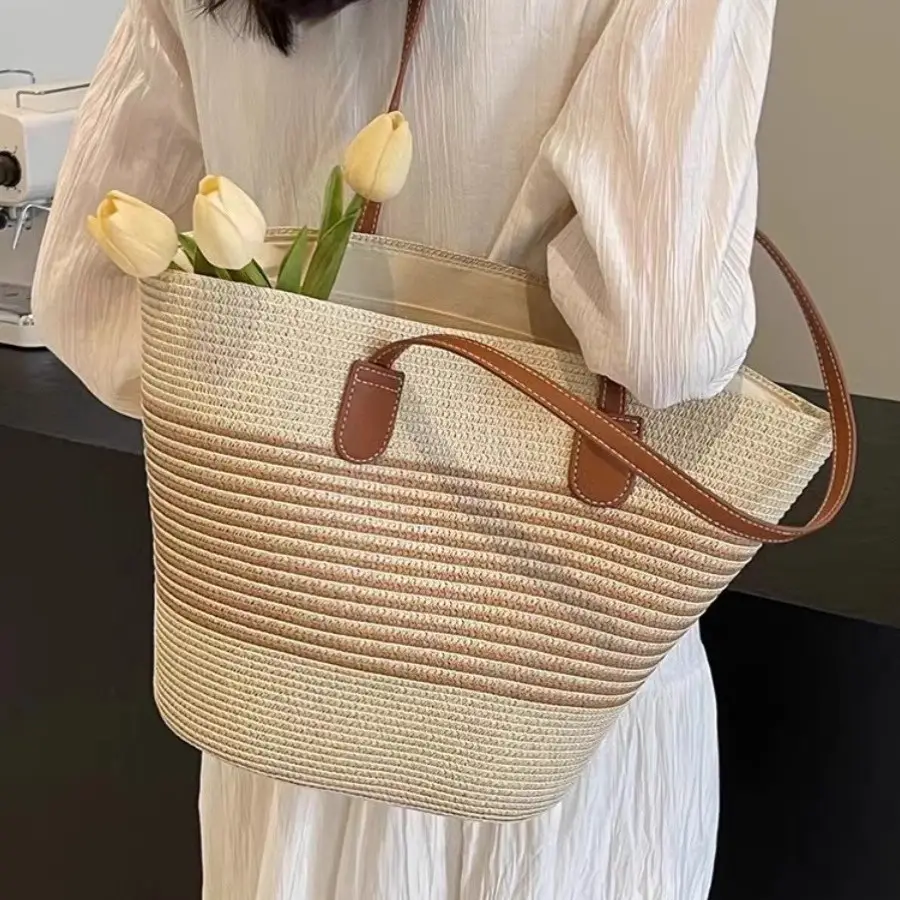 Women Straw Tote Bag & Hat Set Summer Travel