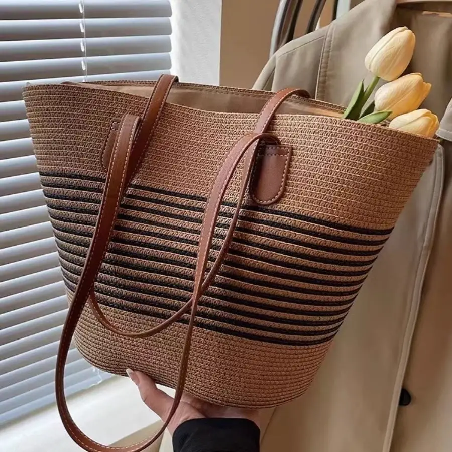 Women Straw Tote Bag & Hat Set Summer Travel