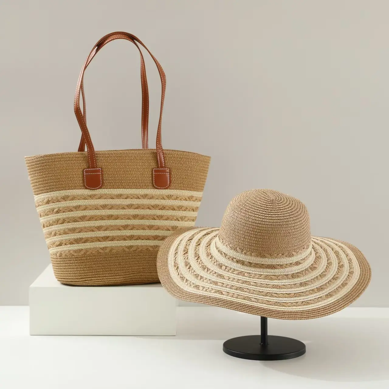 Women Straw Tote Bag & Hat Set Summer Travel