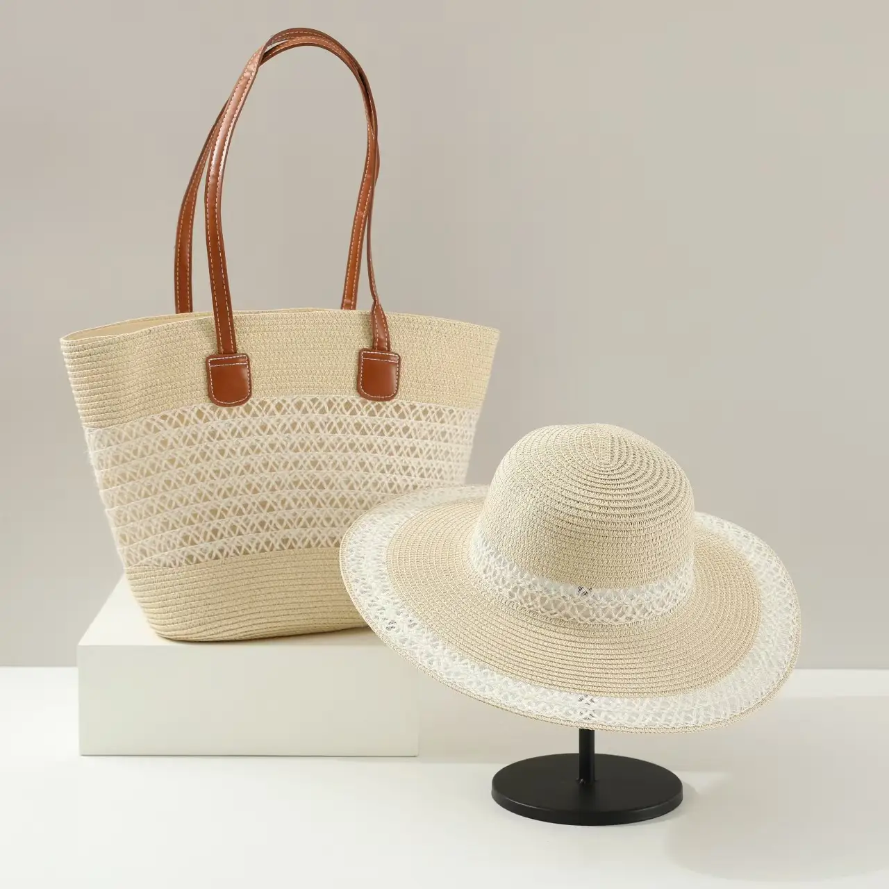 Women Straw Tote Bag & Hat Set Summer Travel