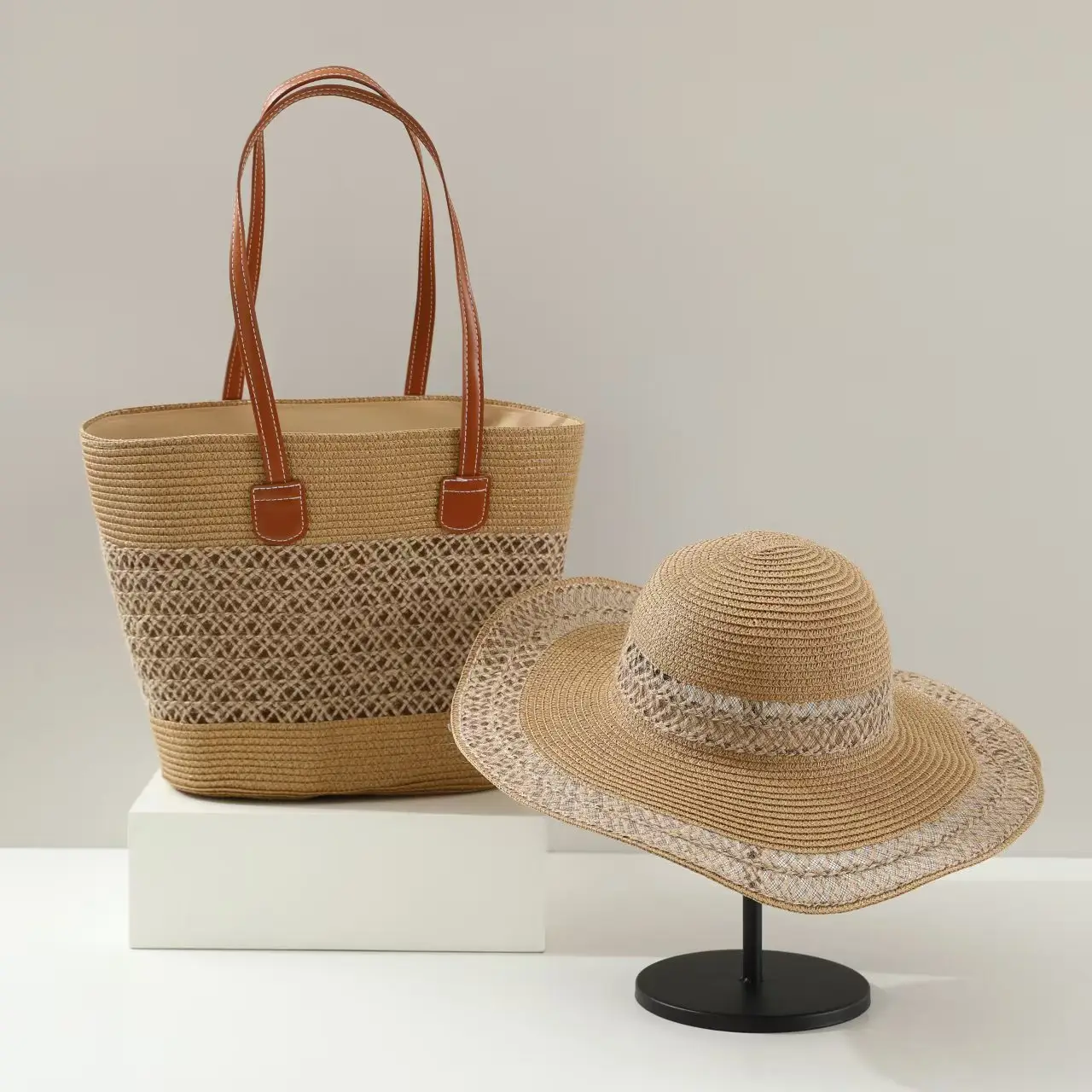 Women Straw Tote Bag & Hat Set Summer Travel