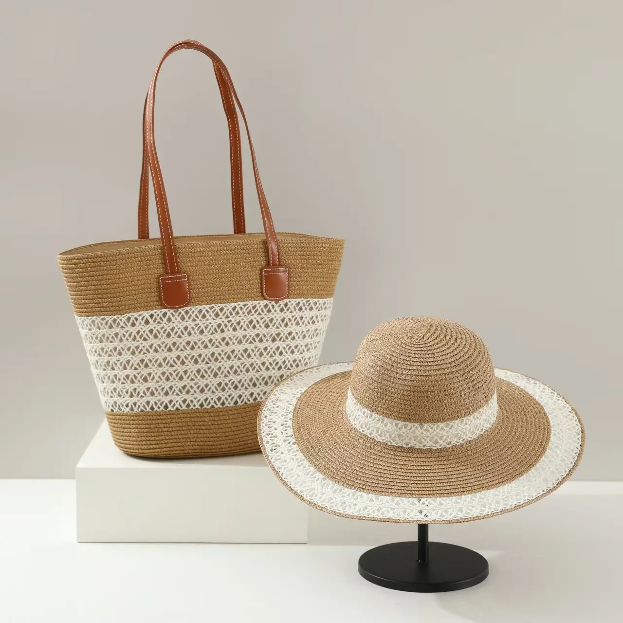 Women Straw Tote Bag & Hat Set Summer Travel