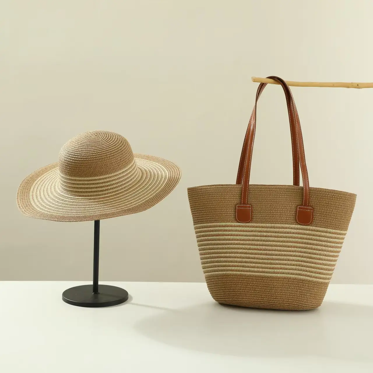 Women Straw Tote Bag & Hat Set Summer Travel