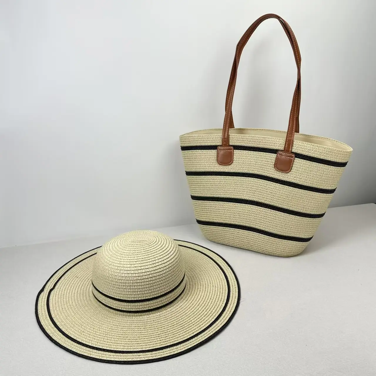 Women Straw Tote Bag & Hat Set Summer Travel