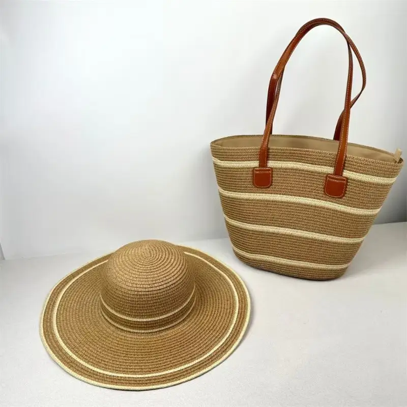 Women Straw Tote Bag & Hat Set Summer Travel