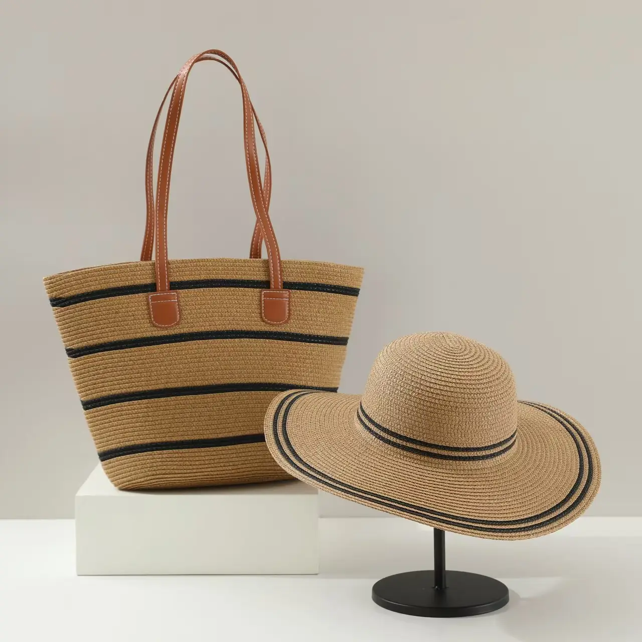 Women Straw Tote Bag & Hat Set Summer Travel