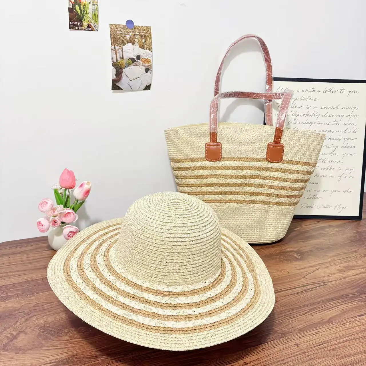 Women Straw Tote Bag & Hat Set Summer Travel