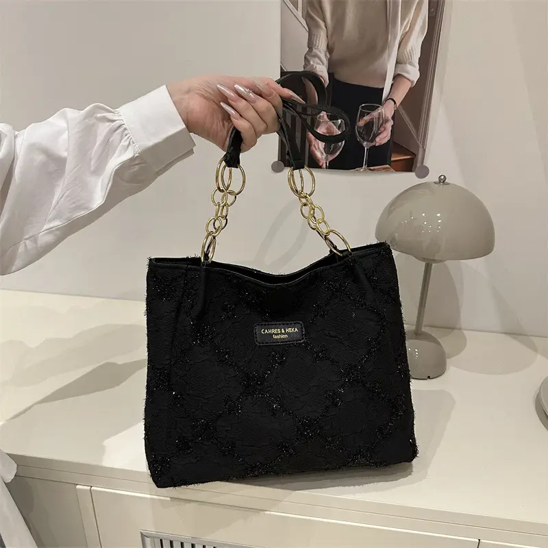 Black Quilted Nylon Shoulder Tote Bag with Gold Chain