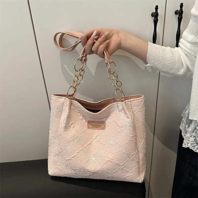 Black Quilted Nylon Shoulder Tote Bag with Gold Chain