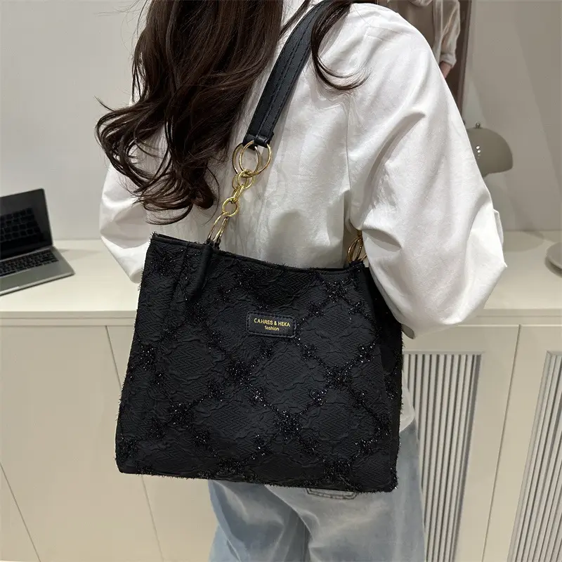 Black Quilted Nylon Shoulder Tote Bag with Gold Chain