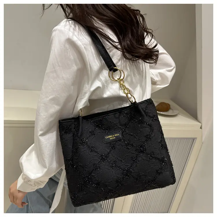 Black Quilted Nylon Shoulder Tote Bag with Gold Chain — feature 10