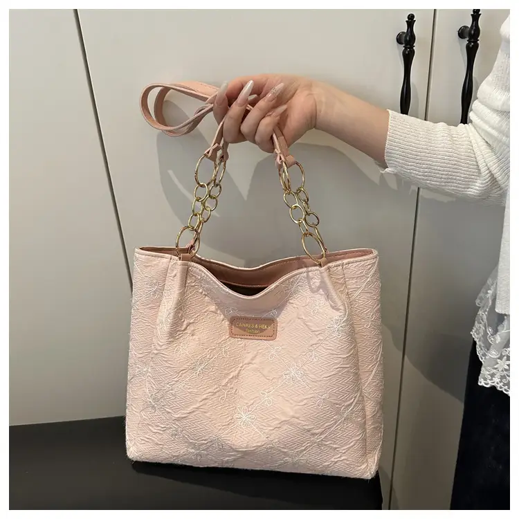 Black Quilted Nylon Shoulder Tote Bag with Gold Chain — feature 11