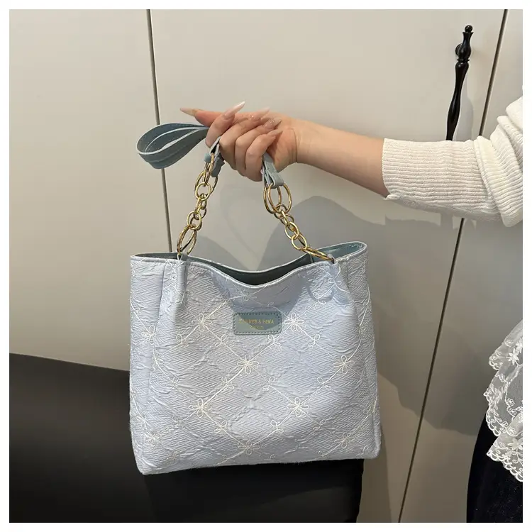 Black Quilted Nylon Shoulder Tote Bag with Gold Chain — feature 14