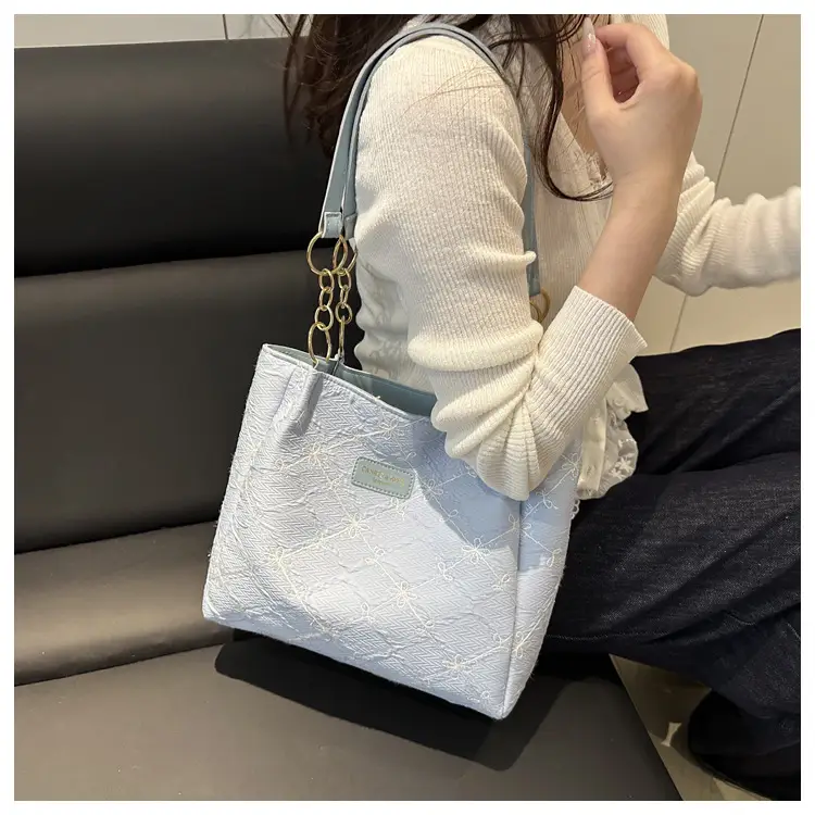 Black Quilted Nylon Shoulder Tote Bag with Gold Chain — feature 15