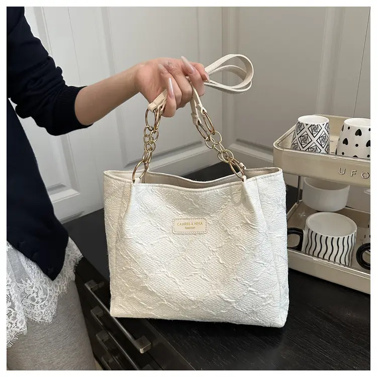 Black Quilted Nylon Shoulder Tote Bag with Gold Chain — feature 17