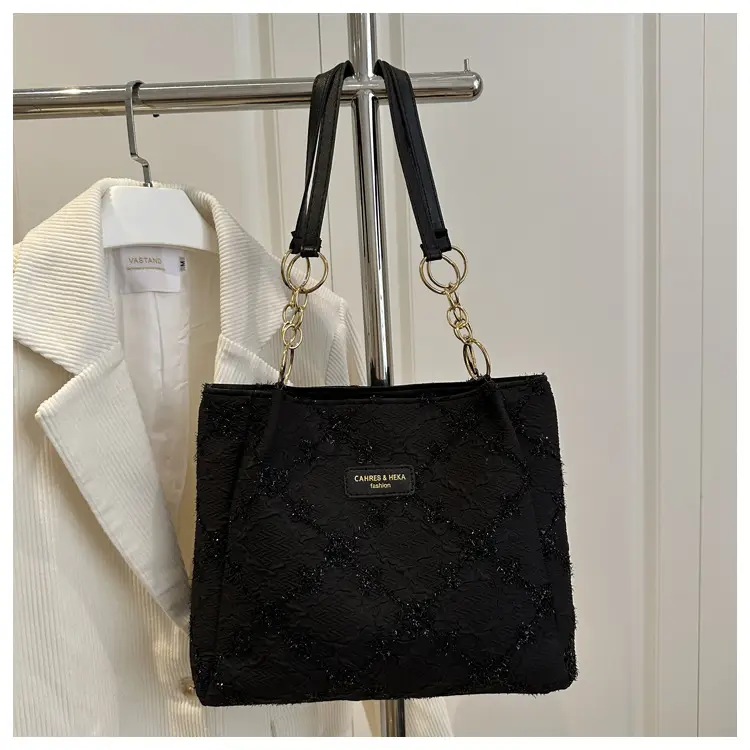 Black Quilted Nylon Shoulder Tote Bag with Gold Chain — feature 26