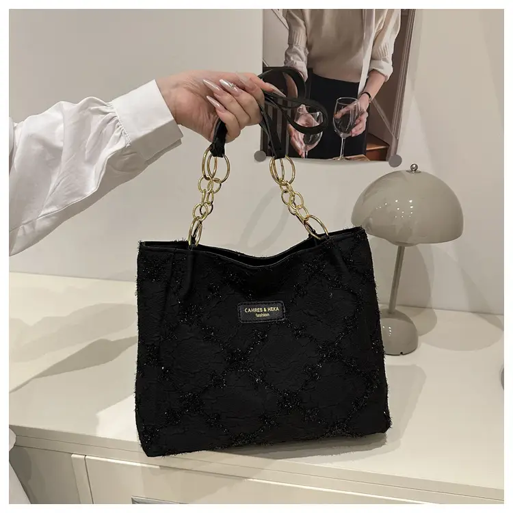 Black Quilted Nylon Shoulder Tote Bag with Gold Chain — feature 8