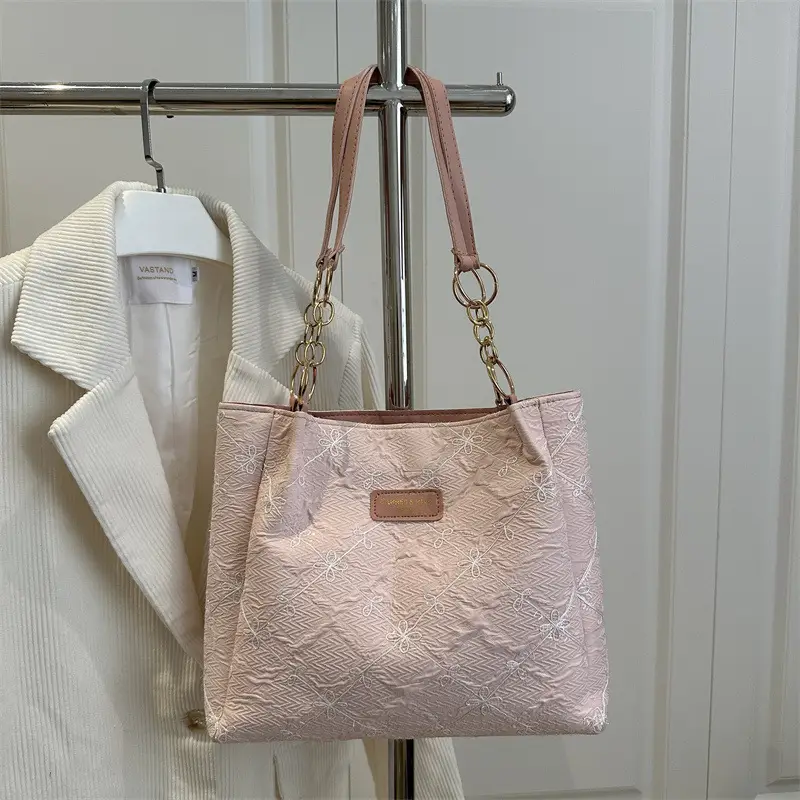 Black Quilted Nylon Shoulder Tote Bag with Gold Chain