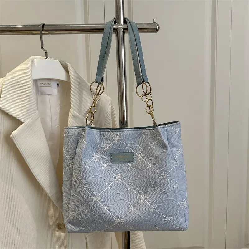 Black Quilted Nylon Shoulder Tote Bag with Gold Chain