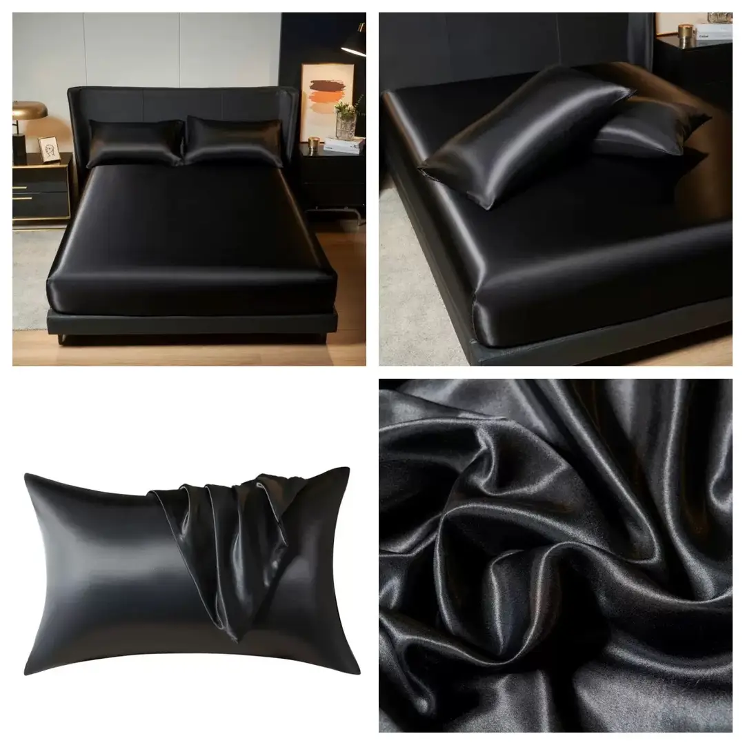 Cross-Border Export Amazon 90Gms Polyester Fiber Washed Silk Satin Bed Sheetss Bedspread Bed Sheetss Pillowcases