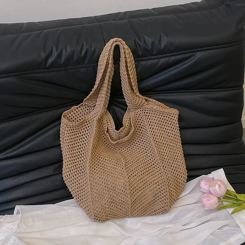 Women Knitted Shoulder Bag Large Capacity Tan - Image 3