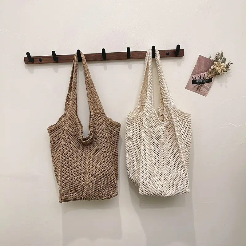 Women Knitted Shoulder Bag Large Capacity Tan - Image 4