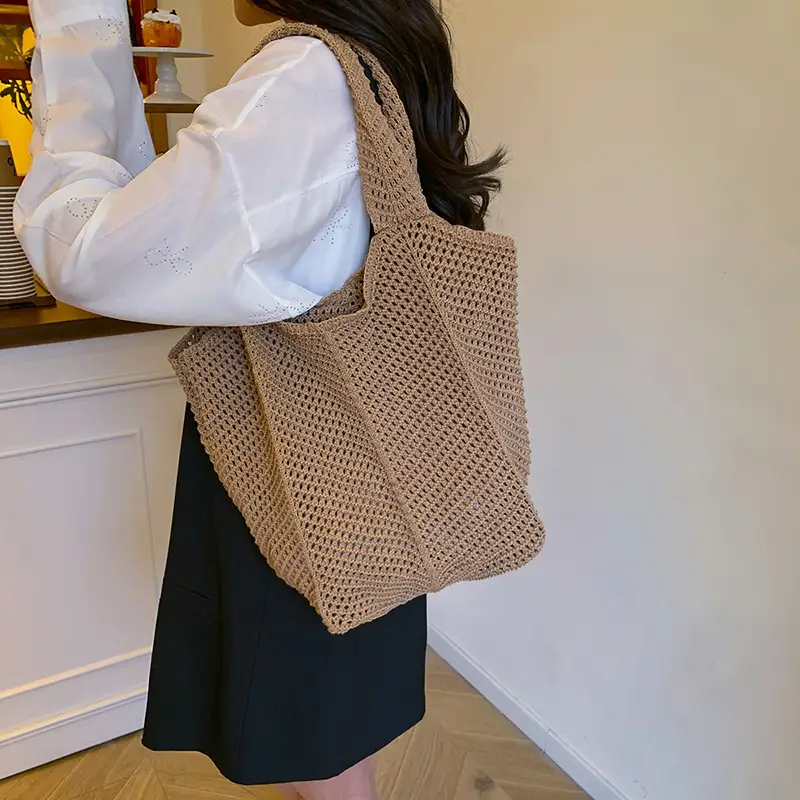 Women Knitted Shoulder Bag Large Capacity Tan - Image 6