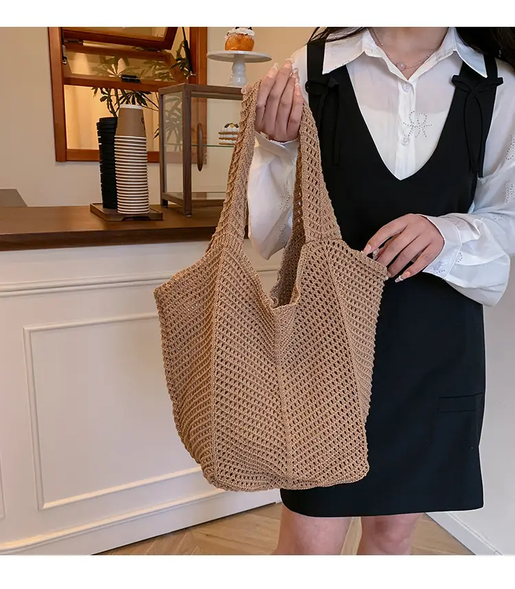 Women Knitted Shoulder Bag Large Capacity Tan — feature 1