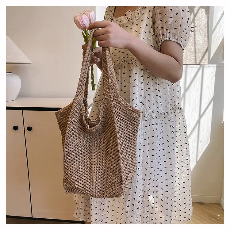 Women Knitted Shoulder Bag Large Capacity Tan — feature 14
