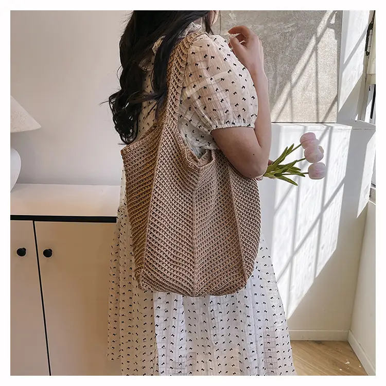 Women Knitted Shoulder Bag Large Capacity Tan — feature 15