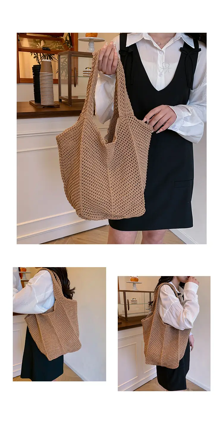 Women Knitted Shoulder Bag Large Capacity Tan — feature 20
