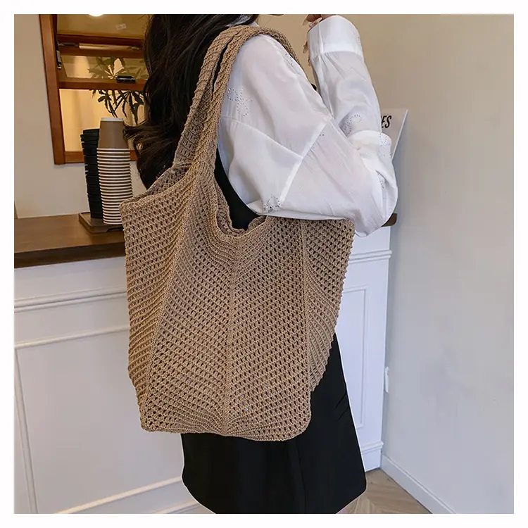 Women Knitted Shoulder Bag Large Capacity Tan — feature 9