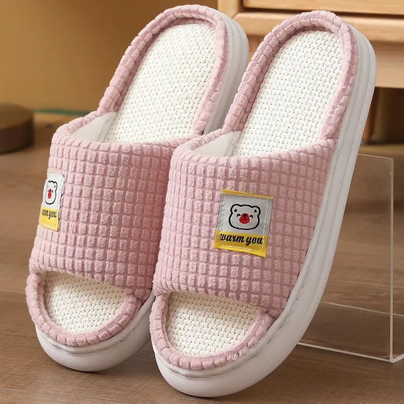 2025 Four Seasons Women's Summer Bowknot Home Non-Slip Daily Breathable Soft Indoor Thick-Soled Cotton Slippers