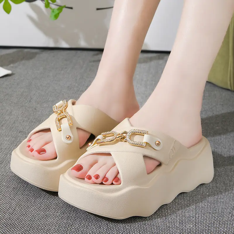 Women's Beige Thick Platform Sandals with Gold Chain - Image 11
