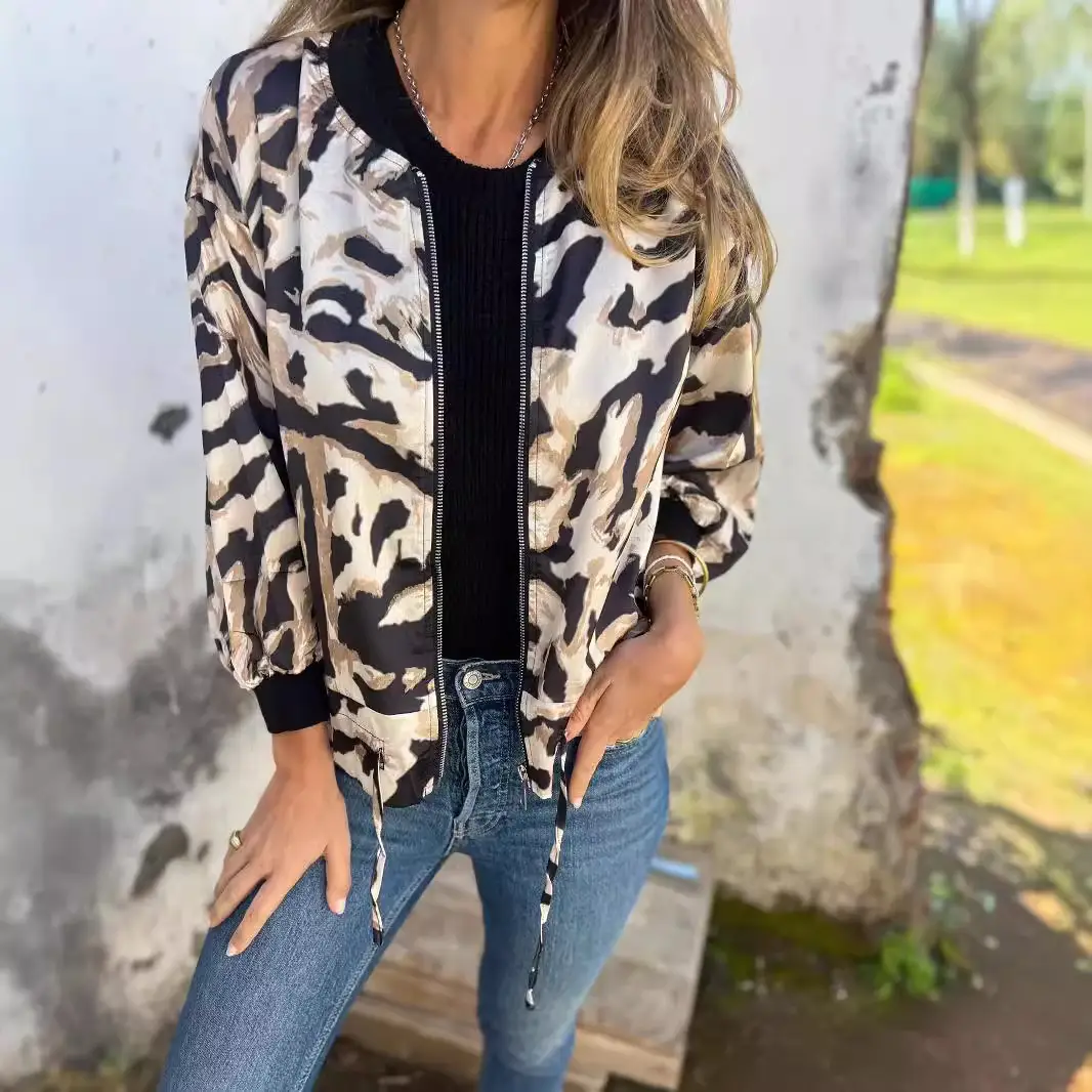Women's Bomber Jacket Black White Print Zipper Autumn Wear - Image 4