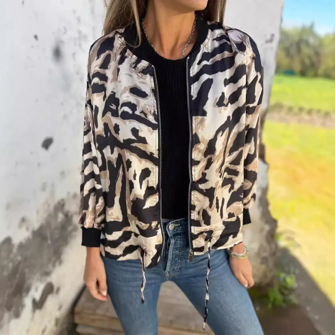 Women's Bomber Jacket Black White Print Zipper Autumn Wear - Image 6