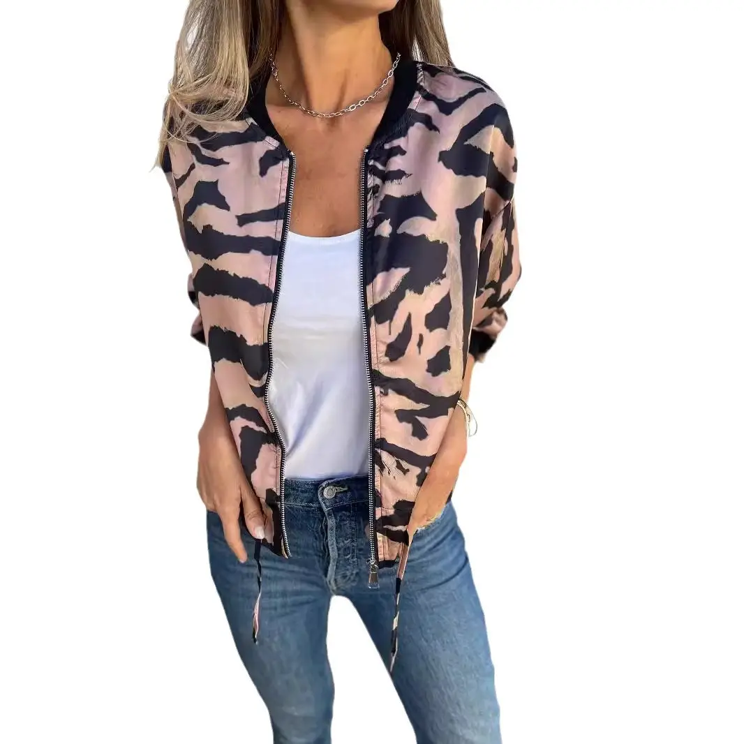 Women's Bomber Jacket Black White Print Zipper Autumn Wear - Image 7