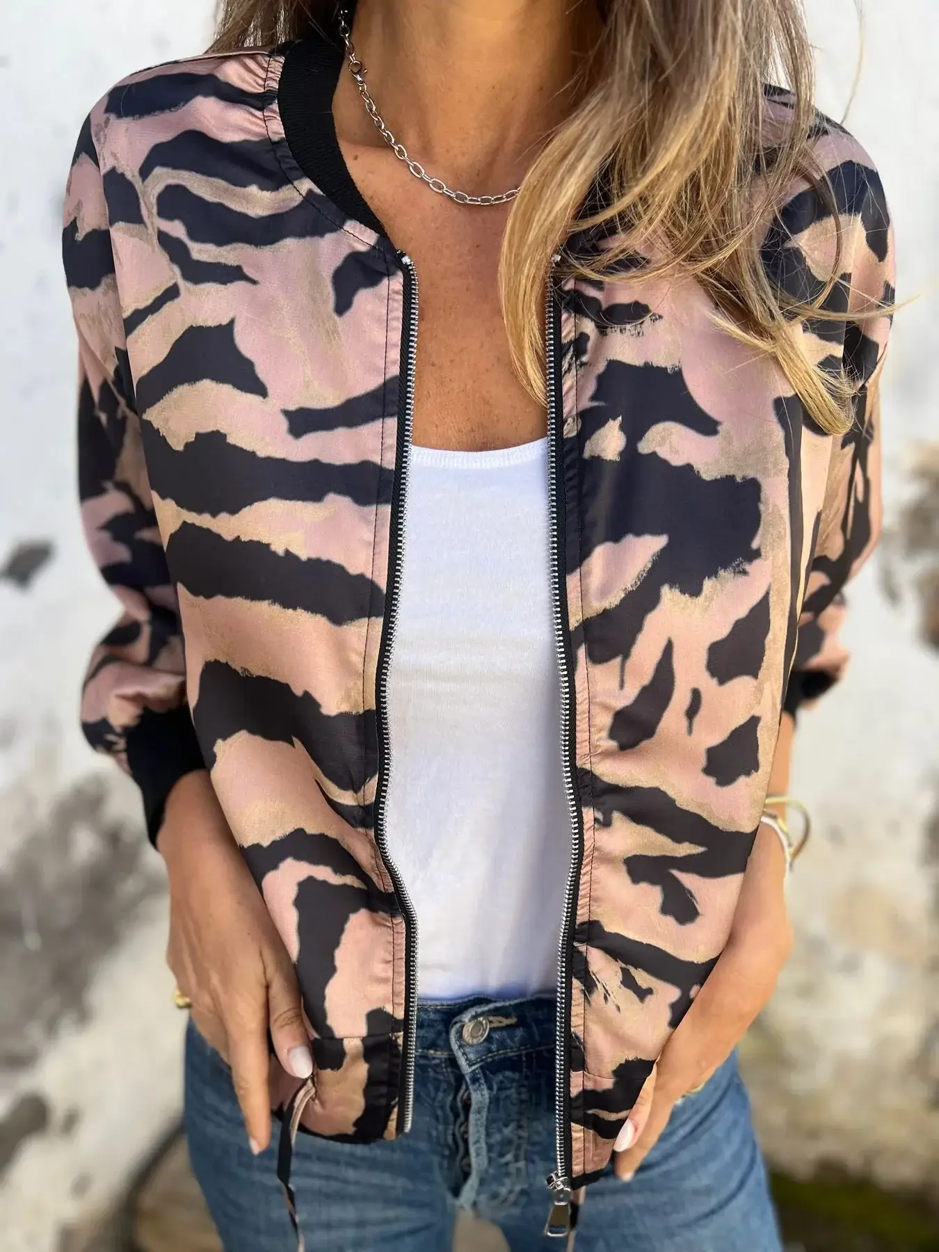 Women's Bomber Jacket Black White Print Zipper Autumn Wear — feature 11