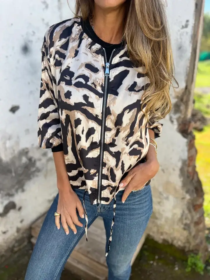 Women's Bomber Jacket Black White Print Zipper Autumn Wear — feature 2