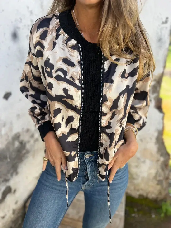 Women's Bomber Jacket Black White Print Zipper Autumn Wear — feature 3